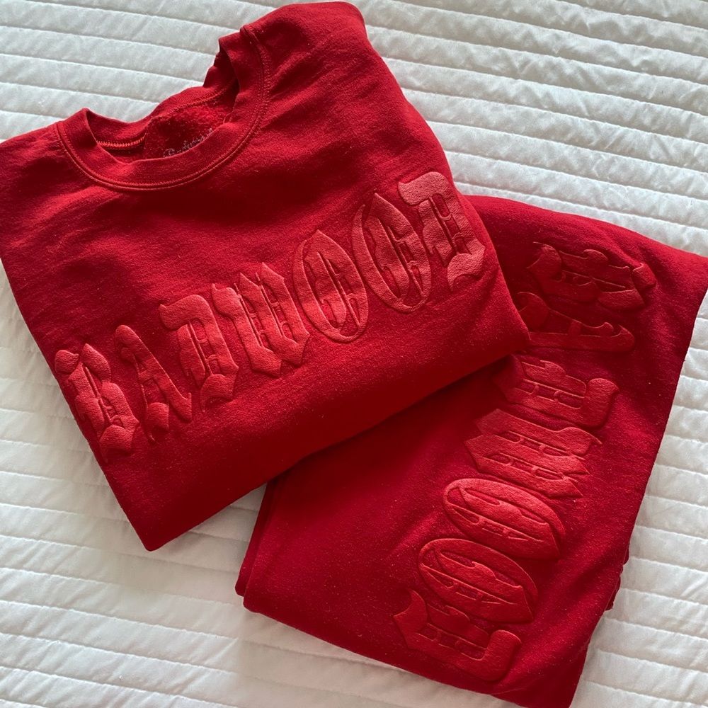 No longer available badwood red sweats and matching sweatshirt.